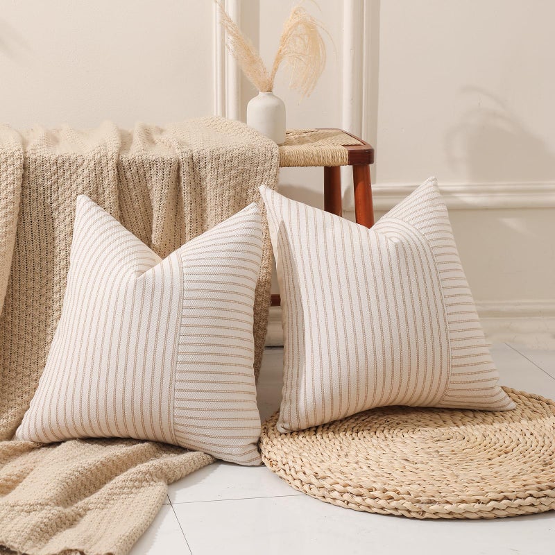 Hckot Khaki and Beige Patchwork Farmhouse Throw Pillow Covers 20 x 20 Inch  Pack of 2 Striped Linen Decorative Pillow Case for Sofa Couch Chair Bedroom Modern Decor (20"" x 20""  Khaki) - Image 2